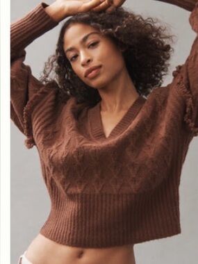 Pilcro Chocolate Brown V-Neck Cable Knit Sweater